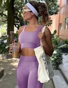 Ensemble de yoga 2 pièces pour femme, violet, sans couture, avec crop top, leggings taille haute pleine longueur et brassière de sport dos nageur, tenue d'entraînement - Product Image 3