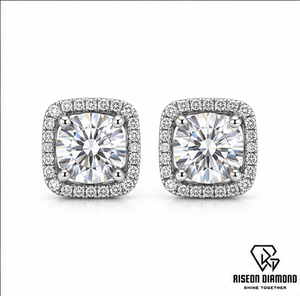 Cushion Halo Stud Earrings 18K White Gold Silver Plated Lab Grown Diamond Pave <b>Cluster</b> Brilliant Luxurious Bridal Fine Jewelry - Product Image 1
