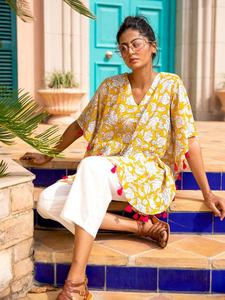 Jolie robe caftan écologique Sunshine bloc à la main imprimé 100% coton col en v à fleurs coupe ample taille naturelle haut d'été - Product Image 4