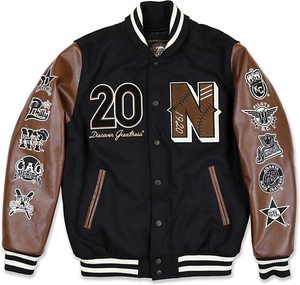 Blouson de moto noir respirant pour homme avec manches en cuir pleine fleur marron et patch brodé lettre sur le devant, style vintage, hiver - Product Image 1