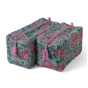 Productos Más Vendidos, Fabricante Indio, Juego de 2 Bolsas de Cosméticos Acolchadas de Algodón, Estampado Floral, Bolsa de Aseo con Cierre - Product Image 1