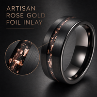 Bague de mariage pour homme en tungstène brossé noir avec incrustation de feuille d'or rose vibrante, largeur classique, ajustement confortable, bijoux de gros