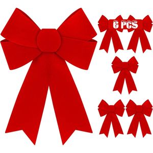 6 Lazos Navideños Grandes de Terciopelo Rojo de PVC de 9 x 12 Pulgadas, Decoraciones Colgantes para Árboles de Navidad en Interiores y Exteriores, Cintas Navideñas - Product Image 2
