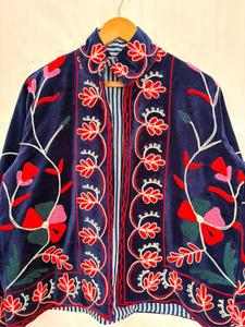 Premium Navy Blue <b>Velvet</b> Embroidered Suzani <b>Jacket</b> with Multicolor Floral Pattern Full Sleeve Stand Collar Boho Winter Outerwear - Product Image 6