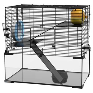 Gabbia per Criceti Nera a 3 Livelli con Ruota, Bottiglia d'Acqua e Ciotola per Cibo, Stabile per l'Allevamento di Animali di Taglia Media e Piccola, Confezionata in Scatola - Product Image 1
