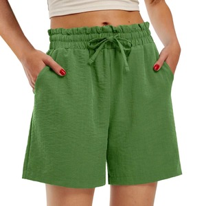 Women's High Waist Elastic Cotton Shorts With Drawstring And Pockets Casual Loose Fit Solid Green Short <b>Pants</b> with low MOQ - Product Image 3