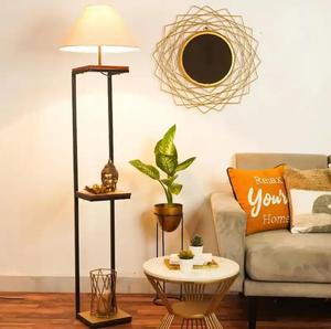 Modern Metal Floor <b>Lamp</b> with Wood <b>Shelf</b> White Fabric Drum Shade E27 LED 2700K Warm Light for Living Room - Product Image 1
