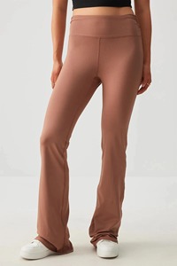 Pantalon large sans couture pour femme, taille haute, côtelé, style yoga, coupe évasée, vêtements de sport, personnalisable OEM - Product Image 3