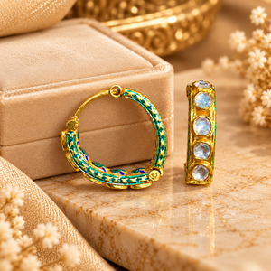 Exclusivos Pendientes con Incrustaciones de Meenakari en Vidrio Verde Azulado y Baño de Oro de 18K |   Aros Vintage de Joyería India Tradicional para Mujer de Jaipur - Product Image 1