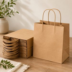 Bolsas de papel kraft para llevar con asas retorcidas, iconos de comida serigrafiados, reciclables, bolsa plana estándar para restaurantes y catering. - Product Image 6