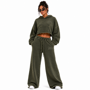 Conjunto deportivo de sudadera con capucha corta y pantalón de pierna ancha de felpa francesa de alto gramaje, color verde oliva, con lavado ácido y efecto desgastado, para mujer, de ONE APEX - Product Image 1