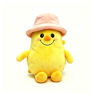 Peluche de limón personalizado con gorro de pescador rosa, peluche de limón con brazos y piernas, almohada de limón suave, juguete de peluche de limón amarillo - Product Image 1
