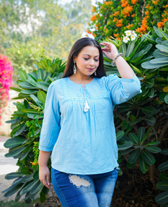 Embroidered Cotton Blend <b>Top</b> Light Blue <b>Keyhole</b> Neck Regular Sleeves Plus Size Women's SOLID Casual Wear Wholesale Ladies <b>Top</b> - Product Image 5