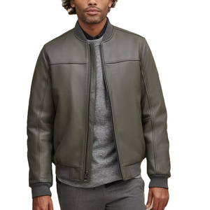 <b>Mens</b> Genuine <b>Leather</b> Double Pocket Jacket Slim Fit <b>Coat</b> Full Zip Stand Collar <b>Long</b> Sleeve Casual Fashion Outerwear Soft Lining - Product Image 1