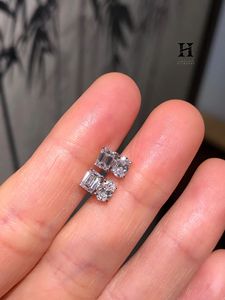 <b>Emerald</b> and Oval Cut Lab Grown Diamond Two Stone <b>Stud</b> Earrings 14K White Gold Stacked Multi Cut Earrings - Product Image 5