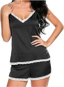 Conjunto de Pijama de Satén para Mujer, Camisola con Cuello en V, Pantalones Cortos, Encaje Sexy, Color Sólido, Pijama de Verano sin Mangas, Tela Suave - Product Image 4