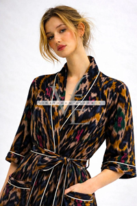 Exquisite Velvet Ikat Kimono Robe Summer Casual Multicolored Ikat Pattern Intricate Hand <b>Loomed</b> <b>Weave</b> Long Sleeve Breathable - Product Image 4