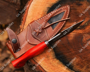 Cuchillo de caza y bushcraft de hoja fija de acero de Damasco para exteriores, mango de madera Pakka, punta de caída, funda de cuero, personalizable OEM de fábrica - Product Image 2