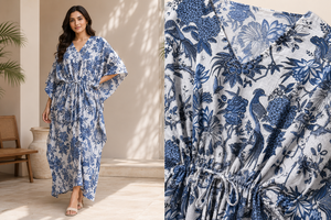Palm Tree Cotton Kaftan Maxi Dress for Women <b>Long</b> <b>Nightdress</b> Summer Resort Wear Loungewear Gown with Drawstring Waist - Product Image 5