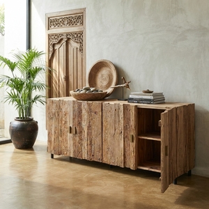 Aparador Grande de Madera Maciza, Estilo Rústico con Listones, 4 Puertas, Estilo Teca Natural, Mueble Buffet de Madera para Sala de Estar - Product Image 3