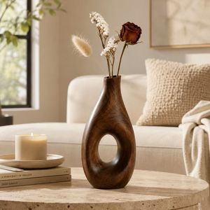 Handmade Modern Wooden Matt Glaze Round Tabletop <b>Vase</b> with Minimalist Design for Floral Display Home Decor - Product Image 1