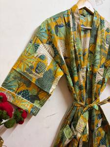 Bata Kimono de Algodón con Estampado Floral para Mujer, Cuello en V, Cierre con Cordón, Larga hasta el Tobillo, Ligera, Suave, para Descansar o Spa - Product Image 4