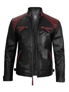 เสื้อแจ็คเก็ตหนังผู้ชายแบบคาเฟ่เรเซอร์ลายควิลท์ - Product Image 1