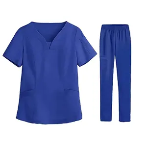 Ensemble de blouses médicales roses pour femmes, haut à col en V avec poches et pantalon à taille élastique, uniformes d'hôpital, tissu tissé coton polyester - Product Image 3