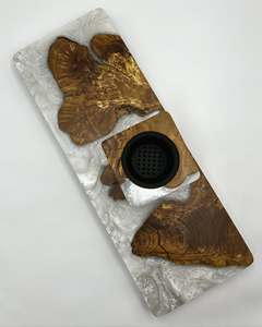 Porte-encens en résine et bois massif Golden Glow, brûleur d'encens artisanal haut de gamme avec récupérateur de cendres décoratif pour la méditation - Product Image 1