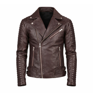 Blouson en cuir matelassé imperméable marron pour homme, coupe ample, fermeture éclair asymétrique, style motard, en cuir de vachette premium - Product Image 1