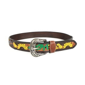 Ethnic Embroidered Cow Hide <b>Belt</b> Sunflower Pattern Embossed Unisex Western Leather Tooling <b>Belt</b> with <b>Silver</b> Cowboy <b>Buckle</b> - Product Image 4