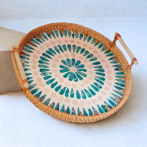 Plateau rond en rotin de luxe avec poignée pratique, motif étoile géométrique bleu, pour le petit-déjeuner au lit, vente en gros - Product Image 1