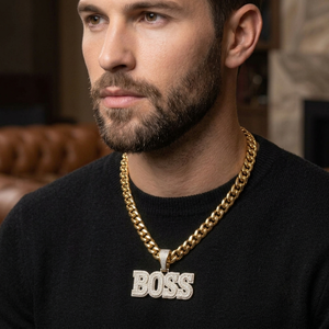 Men's 9K Yellow, White Gold Brilliant Cut <b>Name</b> Letter Hiphop Style Cuban Links <b>Chain</b> And Pendent Iced Out Lab Diamond Jewelry - Product Image 2