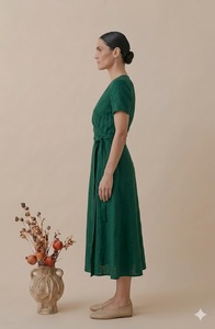 Robe Courte Femme Vintage en Lin Vert Naturel, Col Rond, Manches Courtes, Ample, à Nouer, Respirante, Couleur Unie, Idéale au Quotidien - Product Image 2