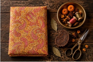Hand Block Printed Lightweight Eco-Friendly Mustard <b>Yellow</b> Pink Paisley Motif Pure Cotton Fabric for Girls Indian Artisan <b>Home</b> - Product Image 1