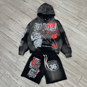 Custom Dtg Print Acid Wash Vintage 100% Cotton Summer Casual <b>Hoodie</b> & <b>Shorts</b> <b>Set</b> - Product Image 5
