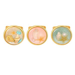 French Vintage Stainless Steel Resin <b>Ring</b> with Ocean Blue <b>Turquoise</b> Starfish Pearl for Women Summer Beach Jewelry - Product Image 1