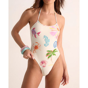 Traje de baño de una pieza para mujer, cuello halter, corte alto, estampado de dibujos animados, bordado, elástico - Product Image 1
