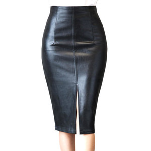 Jupe crayon en cuir taille haute pour femme, couleur unie, longueur genou, fendue, style club sexy, toutes saisons - Product Image 3