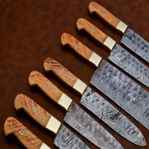 Custom Handmade Seven-Piece Chef <b>Set</b> Straight Edge <b>Sharp</b> Blades Damascus Steel Ambidextrous Wood Handle Leather Sheaths - Product Image 2