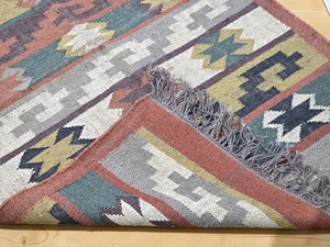 Alfombra Kilim Geométrica Hecha a Mano, Tejido Plano de Lana y Acrílico, Rectangular, para Pasillo - Product Image 4