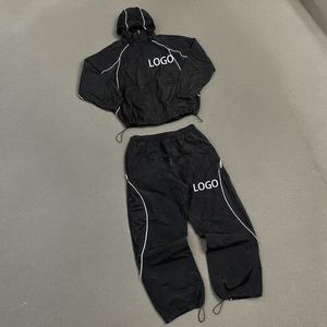 Wholesale Tracksuit Set <b>Mens</b> 2 Piece Black Oversized <b>Jacket</b> Wide Leg Pants <b>White</b> Piping Custom Logo Streetwear Sportswear Outfit - Product Image 4