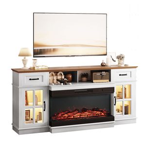 Mobile TV Stile Rustico da 36 Pollici con Caminetto, Top Marrone, Mobile Bianco Lavato, 2 Ante, 2 Cassetti, 1 Ripiano, Luci RGB, Console Multimediale - Product Image 1