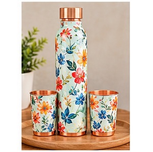 Botella de Agua de Cobre con Diseño Floral Azul Menta y Naranja Pintado a Mano, con 2 Tazas a Juego, Juego de Bebidas Portátil para Viaje - Product Image 1