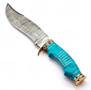 Couteau utilitaire d'extérieur artisanal en acier Damas avec manche en pierre turquoise et garde en laiton, outil de travail manuel - Product Image 3