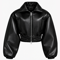Blouson bomber court en similicuir noir personnalisé avec manches bouffantes, taille élastique et fermeture éclair pour femme, vêtements d'hiver