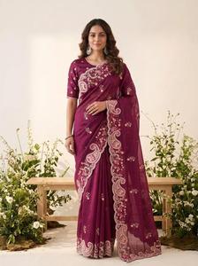Sari en soie marron avec bordure florale brodée, tenue de mariage indienne traditionnelle pour femmes - Product Image 3