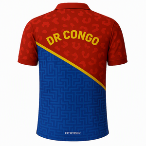 Maillot de football DR Congo imprimé en polyester élasthanne pour homme, motif léopard rouge et bleu, manches courtes, vintage, respirant - Product Image 6
