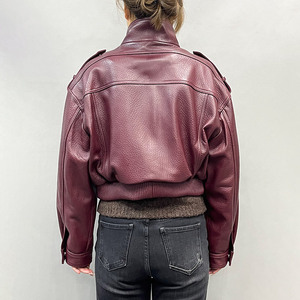 Women's Cropped Nappa Leather Bomber <b>Jacket</b> with Stand Collar Genuine Pebbled Leather <b>Gothic</b> Winter Style Custom Branding - Product Image 1