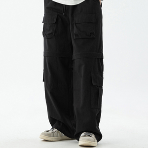 Pantalon de travail vintage pour homme, noir, coupe droite, élastique, avec cordon de serrage, plusieurs poches, respirant, léger, 100% coton, été - Product Image 1